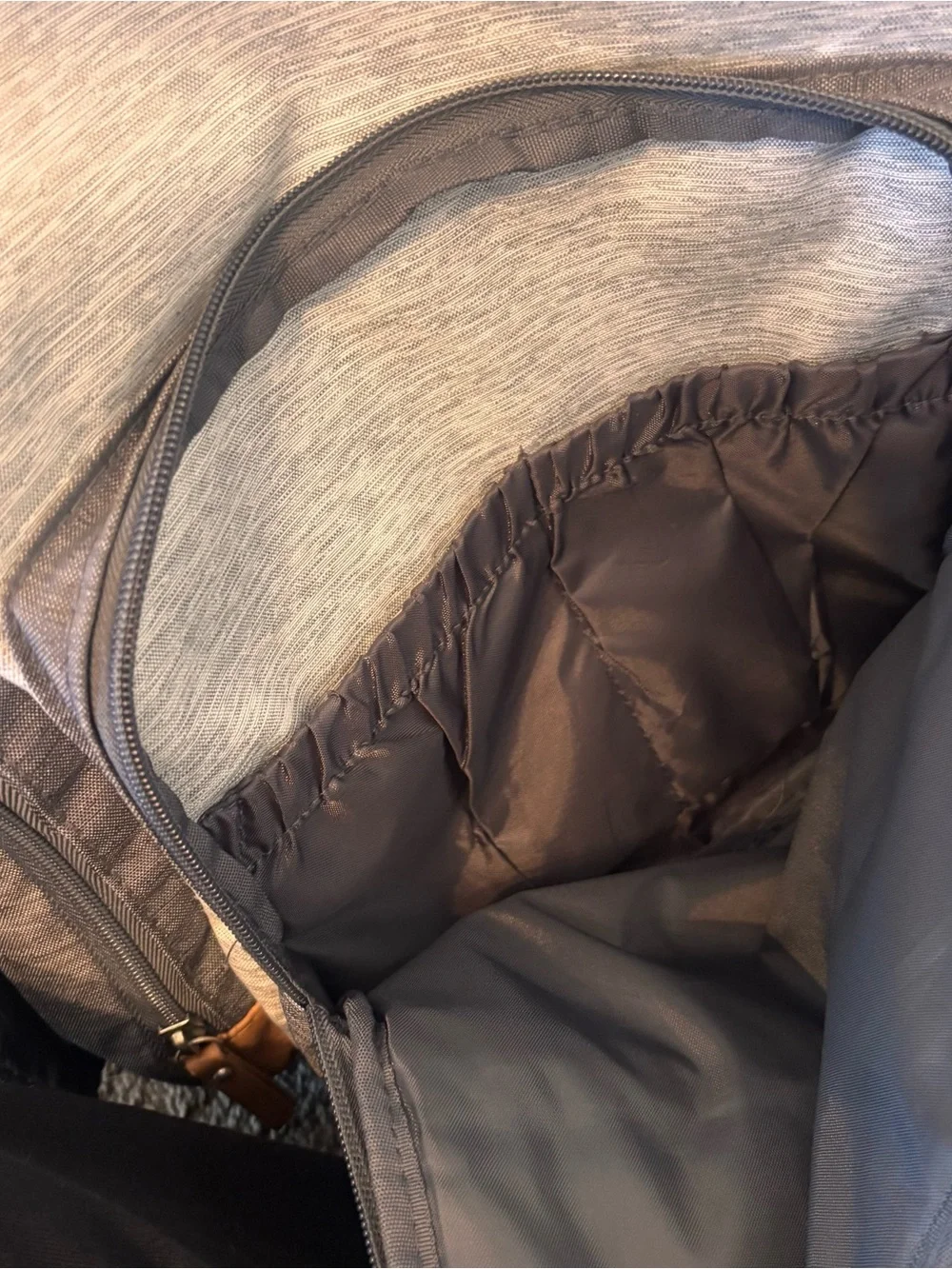 Eddie Bauer Cascade Backpack Diaperbag in gray and white with tan trim